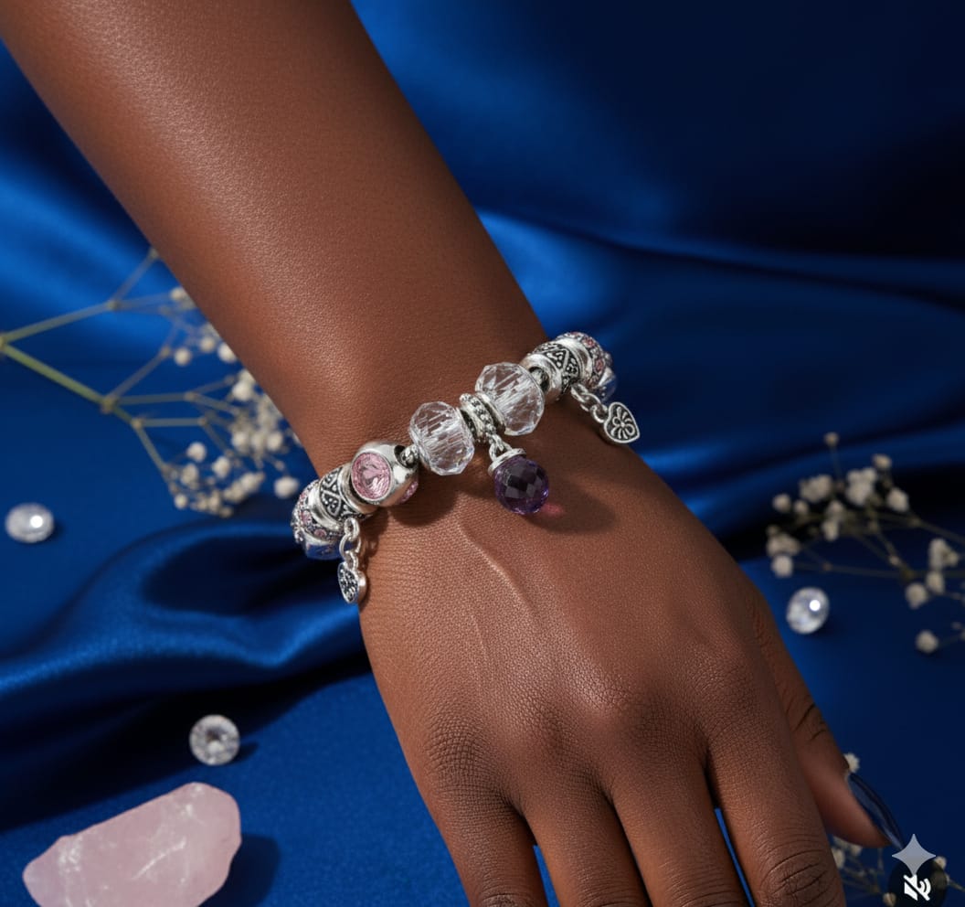 Charm Bracelet with Pink Crystal Beads and Heart Dangles