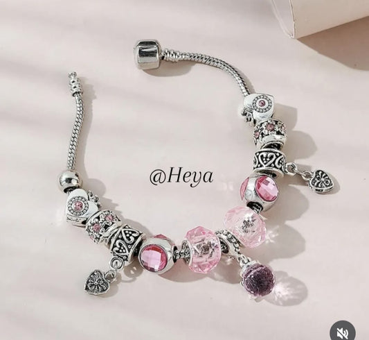 Charm Bracelet with Pink Crystal Beads and Heart Dangles