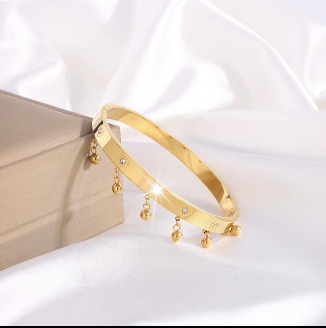 Bangle , Gold plated and Steel Bangle Bracelet with Dangling Charms & Crystal Hearts – Elegant Women’s Jewelry, Gift for Her