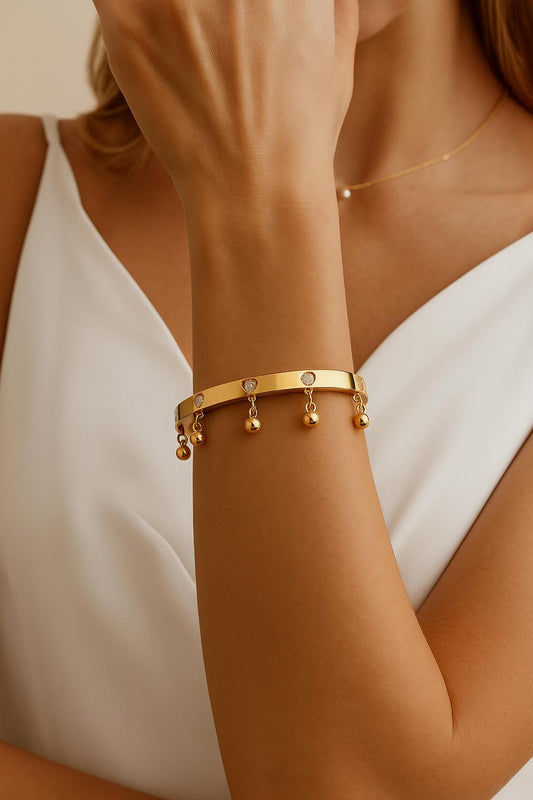 Bangle , Gold plated and Steel Bangle Bracelet with Dangling Charms & Crystal Hearts – Elegant Women’s Jewelry, Gift for Her