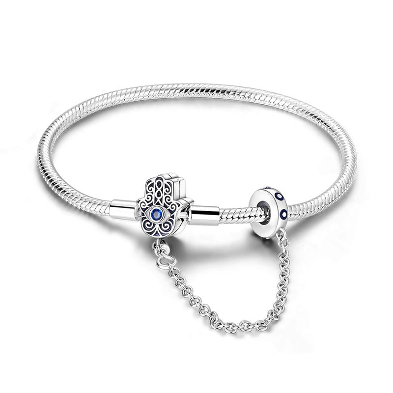 Pandora like Evil Eye Bracelet | Hamsa Hand Charm Safety Chain Bracelet – Sterling Silver with Blue Evil Eye Protection Bead