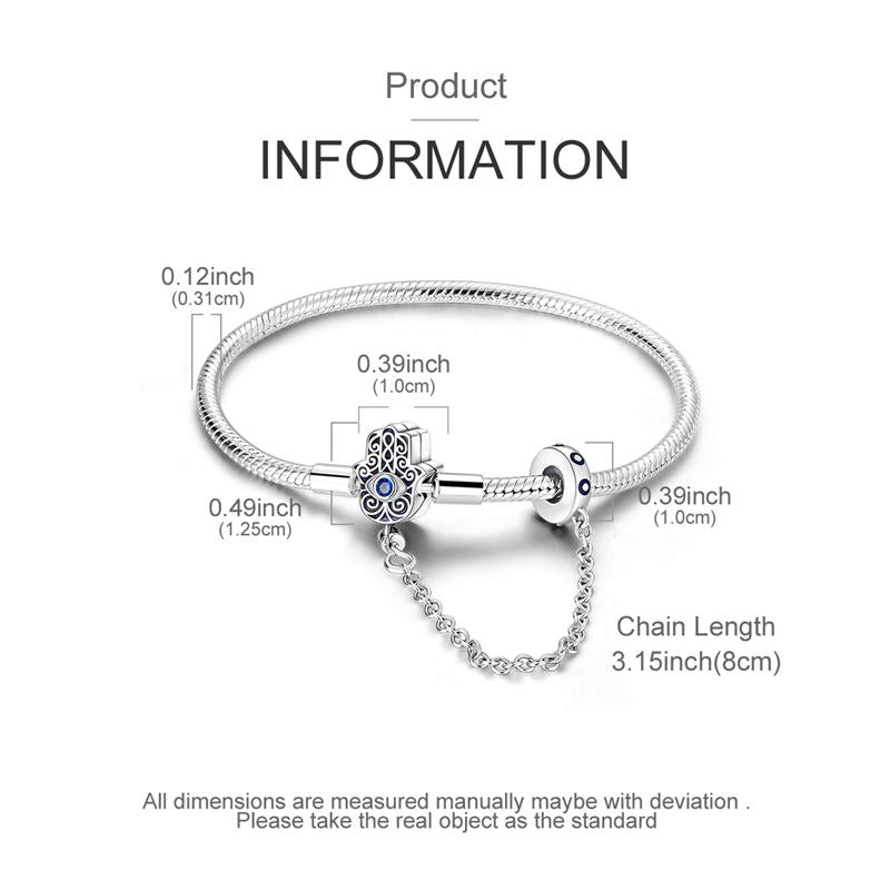 Pandora like Evil Eye Bracelet | Hamsa Hand Charm Safety Chain Bracelet – Sterling Silver with Blue Evil Eye Protection Bead
