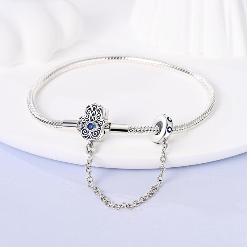 Pandora like Evil Eye Bracelet | Hamsa Hand Charm Safety Chain Bracelet – Sterling Silver with Blue Evil Eye Protection Bead