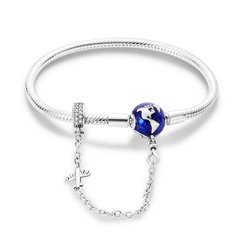 Pandora like Sterling Silver Charm Bracelet | Blue Earth Globe & Airplane | Travel Gift for Women