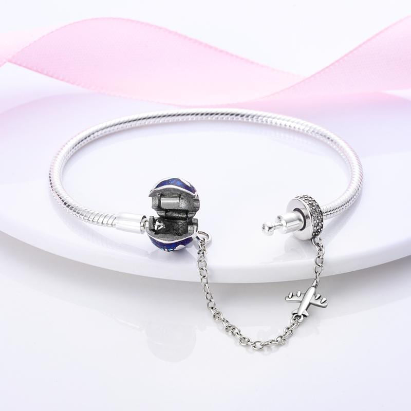 Pandora like Sterling Silver Charm Bracelet | Blue Earth Globe & Airplane | Travel Gift for Women