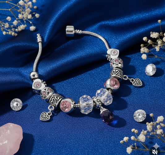 Charm Bracelet with Pink Crystal Beads and Heart Dangles