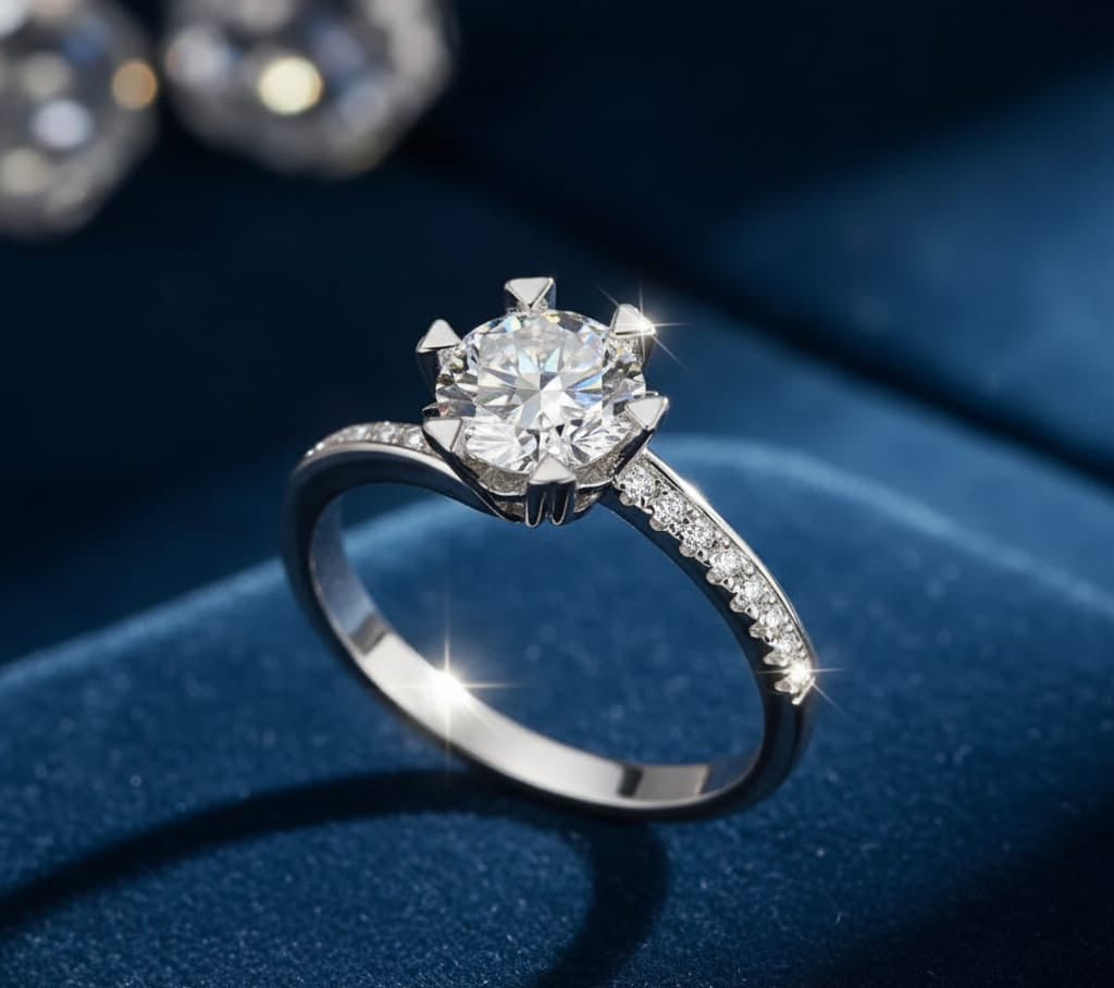 Sterling Silver Round Cut Solitaire Ring with Side Stones