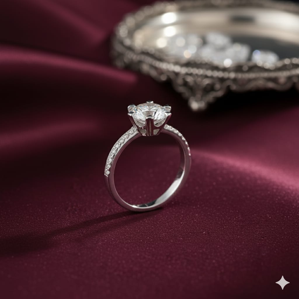 Sterling Silver Round Cut Solitaire Ring with Side Stones