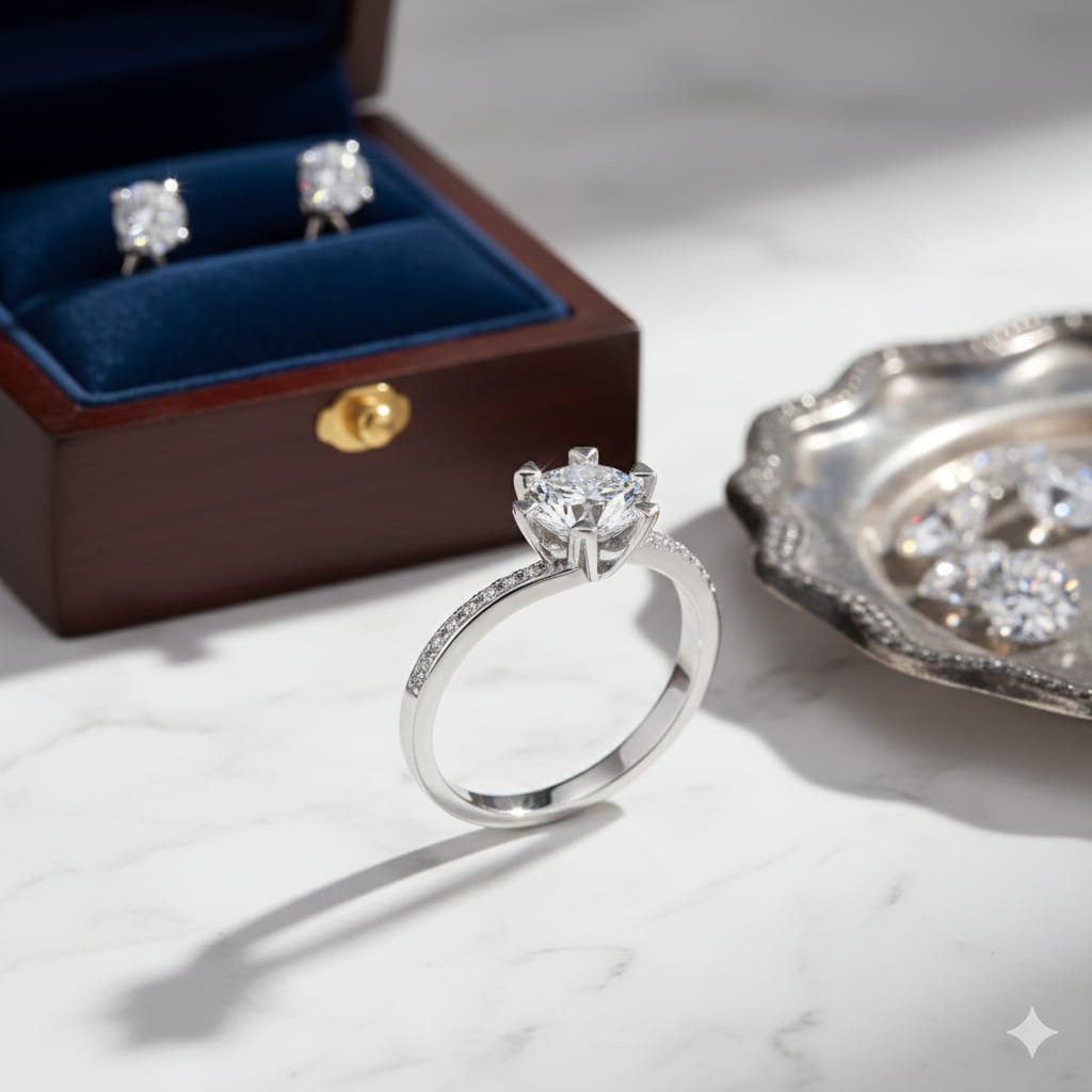 Sterling Silver Round Cut Solitaire Ring with Side Stones