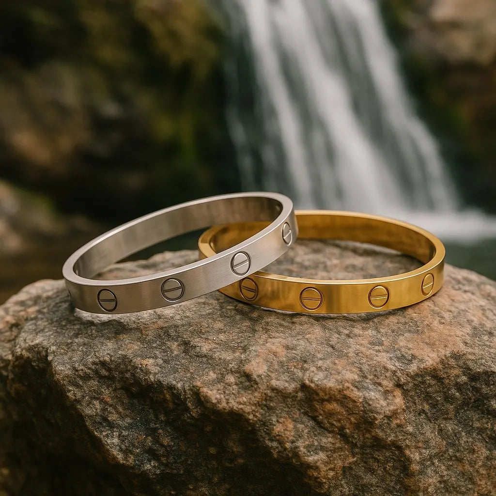 Bangle, Gold plated l Steel Bangle waterproof Unisex Screw Design Bangle Bracelet | Minimalist Gold & Silver Cuff |Stainless Steel