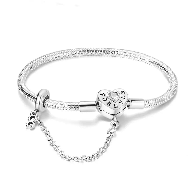 Love forever Bracelet | Sterling Silver | Safety Chain–Adjustable Snake Chain Bangle with Crystal Accent –Romantic Gift for Her