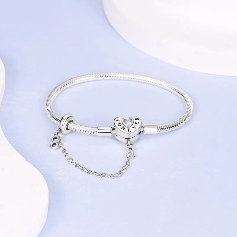 Love forever Bracelet | Sterling Silver | Safety Chain–Adjustable Snake Chain Bangle with Crystal Accent –Romantic Gift for Her
