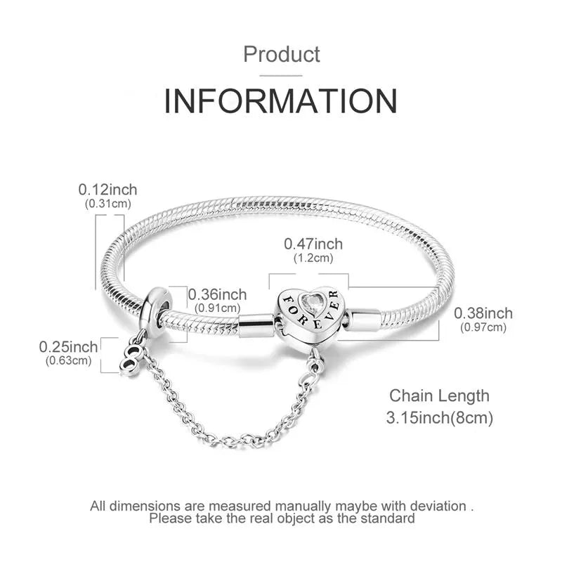 Love forever Bracelet | Sterling Silver | Safety Chain–Adjustable Snake Chain Bangle with Crystal Accent –Romantic Gift for Her