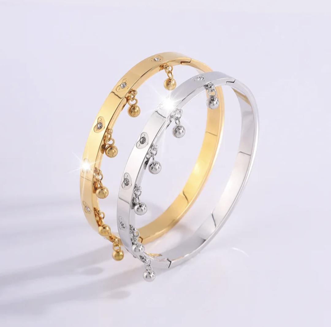 Bangle , Gold plated  and  Steel Bangle Bracelet with Dangling Charms & Crystal Hearts – Elegant Women’s Jewelry, Gift for Her