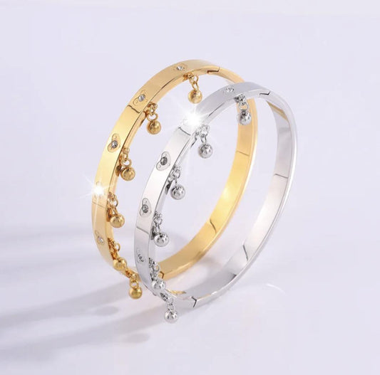 Bangle , Gold plated  and  Steel Bangle Bracelet with Dangling Charms & Crystal Hearts – Elegant Women’s Jewelry, Gift for Her