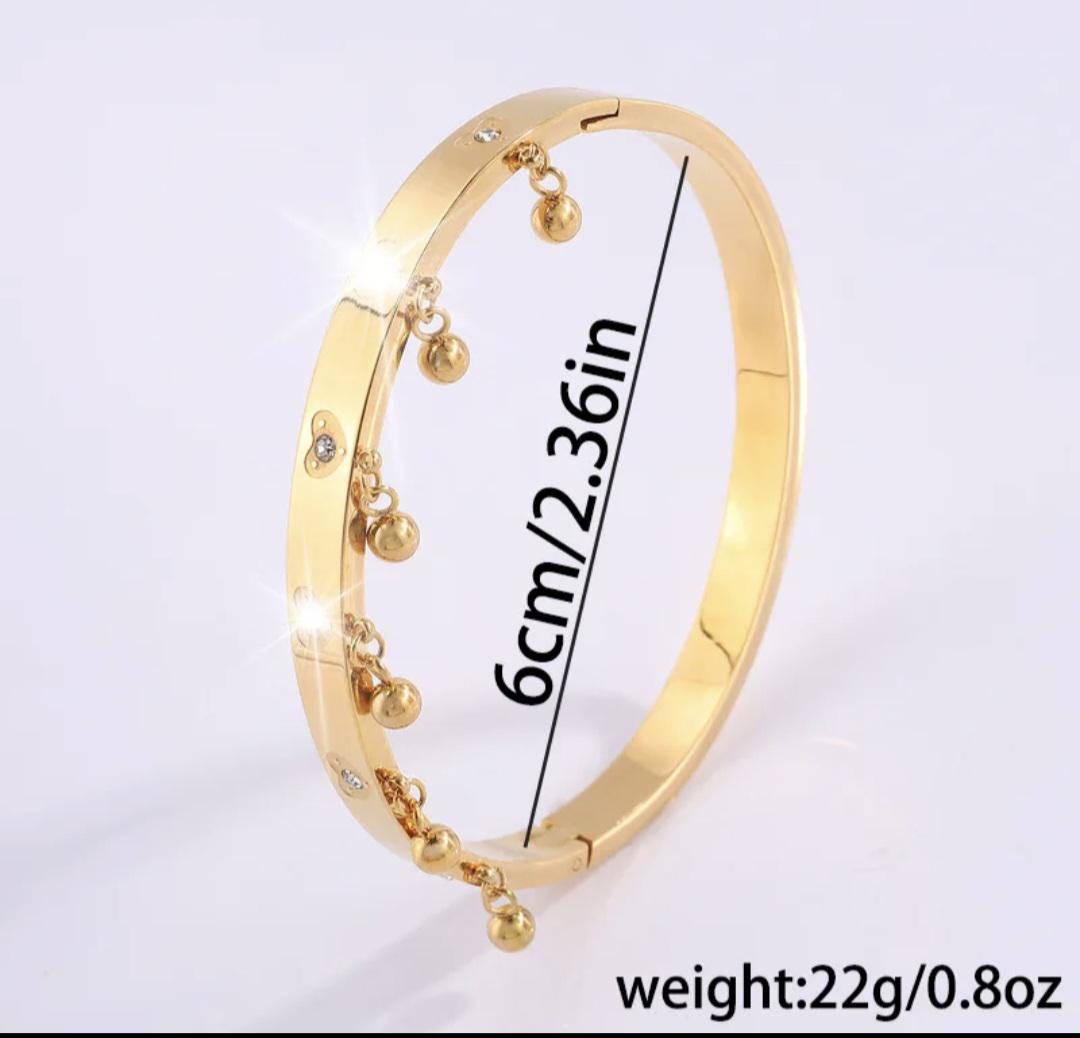 Bangle , Gold plated  and  Steel Bangle Bracelet with Dangling Charms & Crystal Hearts – Elegant Women’s Jewelry, Gift for Her