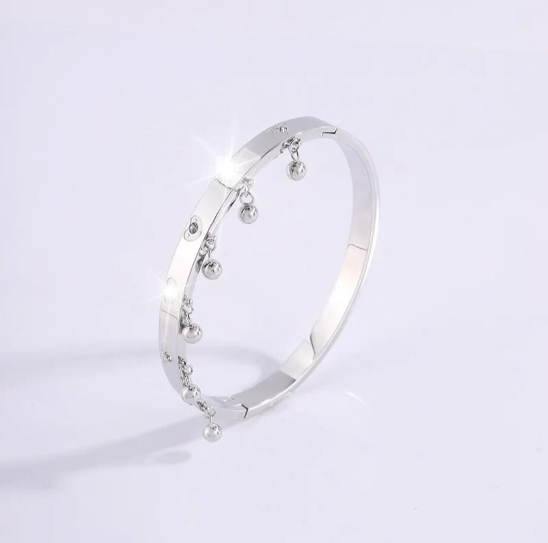 Bangle , Gold plated  and  Steel Bangle Bracelet with Dangling Charms & Crystal Hearts – Elegant Women’s Jewelry, Gift for Her