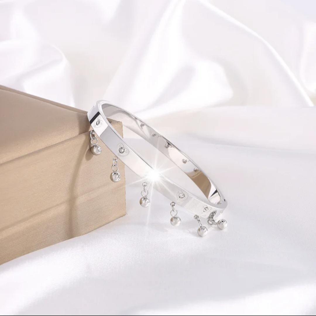 Bangle , Gold plated  and  Steel Bangle Bracelet with Dangling Charms & Crystal Hearts – Elegant Women’s Jewelry, Gift for Her