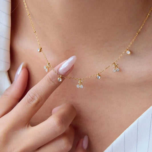 18k Gold Plated Cherry Charm Necklace with Zircon Drops