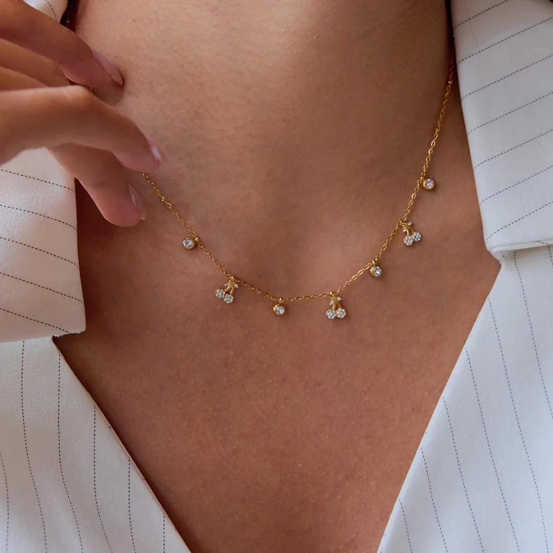 18k Gold Plated Cherry Charm Necklace with Zircon Drops