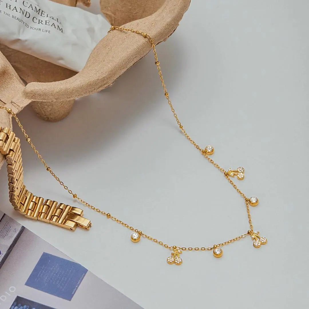 18k Gold Plated Cherry Charm Necklace with Zircon Drops