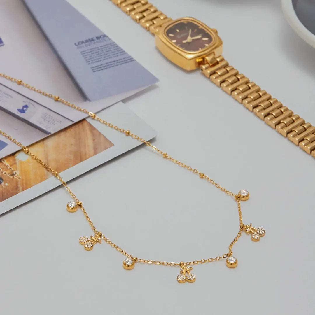 18k Gold Plated Cherry Charm Necklace with Zircon Drops
