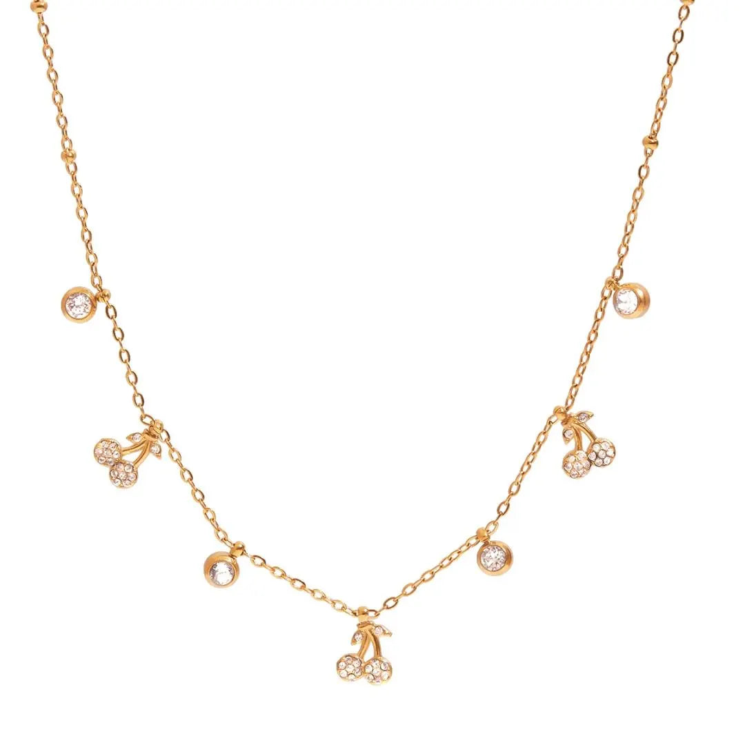 18k Gold Plated Cherry Charm Necklace with Zircon Drops