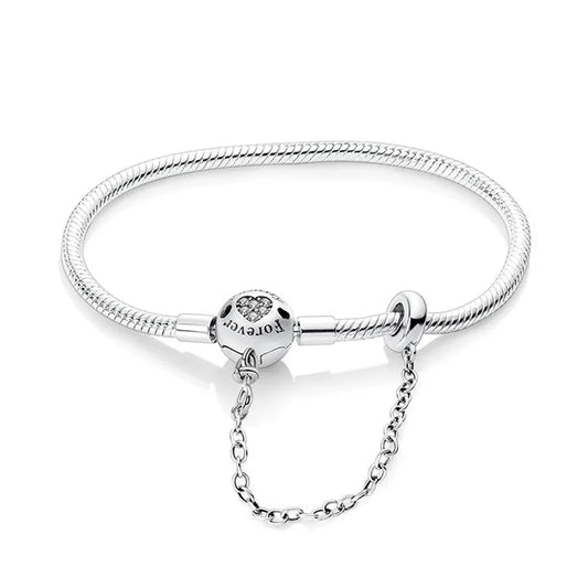 Pandora like Love forever Bracelet | Sterling Silver | Safety Chain–Adjustable Snake Chain Bangle with Crystal Accent –Romantic Gift for Her