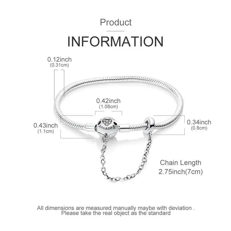 Pandora like Love forever Bracelet | Sterling Silver | Safety Chain–Adjustable Snake Chain Bangle with Crystal Accent –Romantic Gift for Her