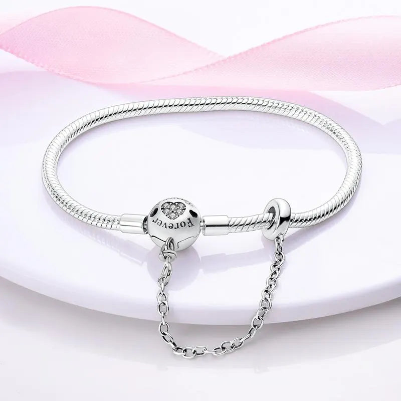 Pandora like Love forever Bracelet | Sterling Silver | Safety Chain–Adjustable Snake Chain Bangle with Crystal Accent –Romantic Gift for Her