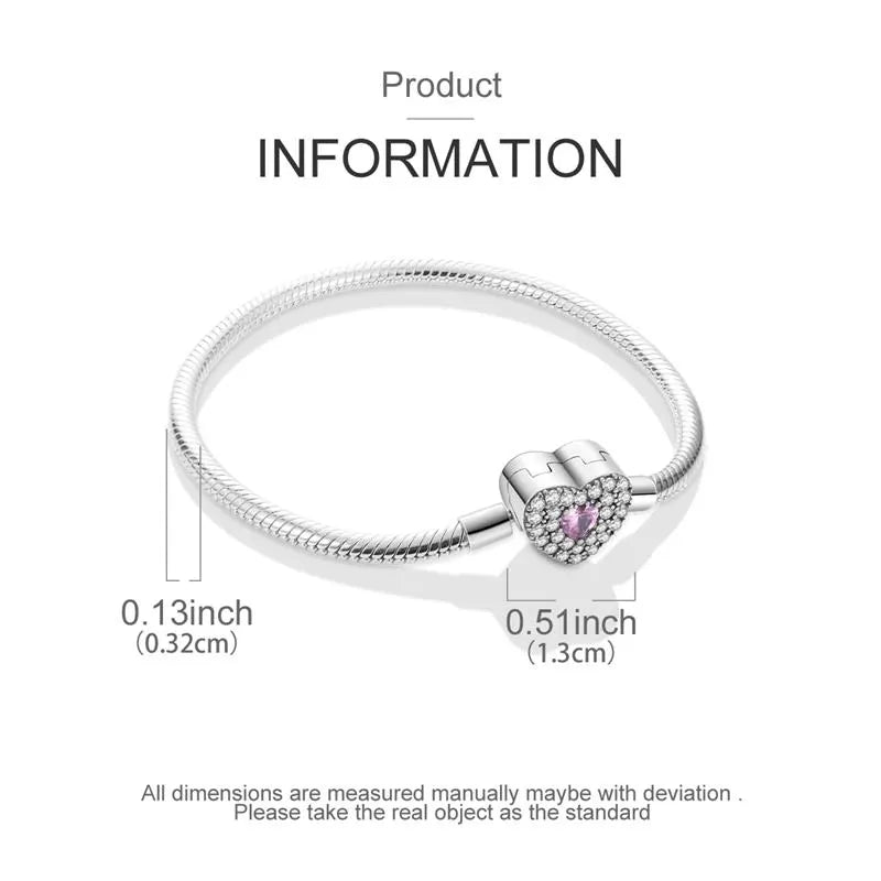 Silver Heart Charm Bracelet with Pink Crystal | Sterling Silver Women’s Snake Chain Jewelry Gift Romantic Gift for Her